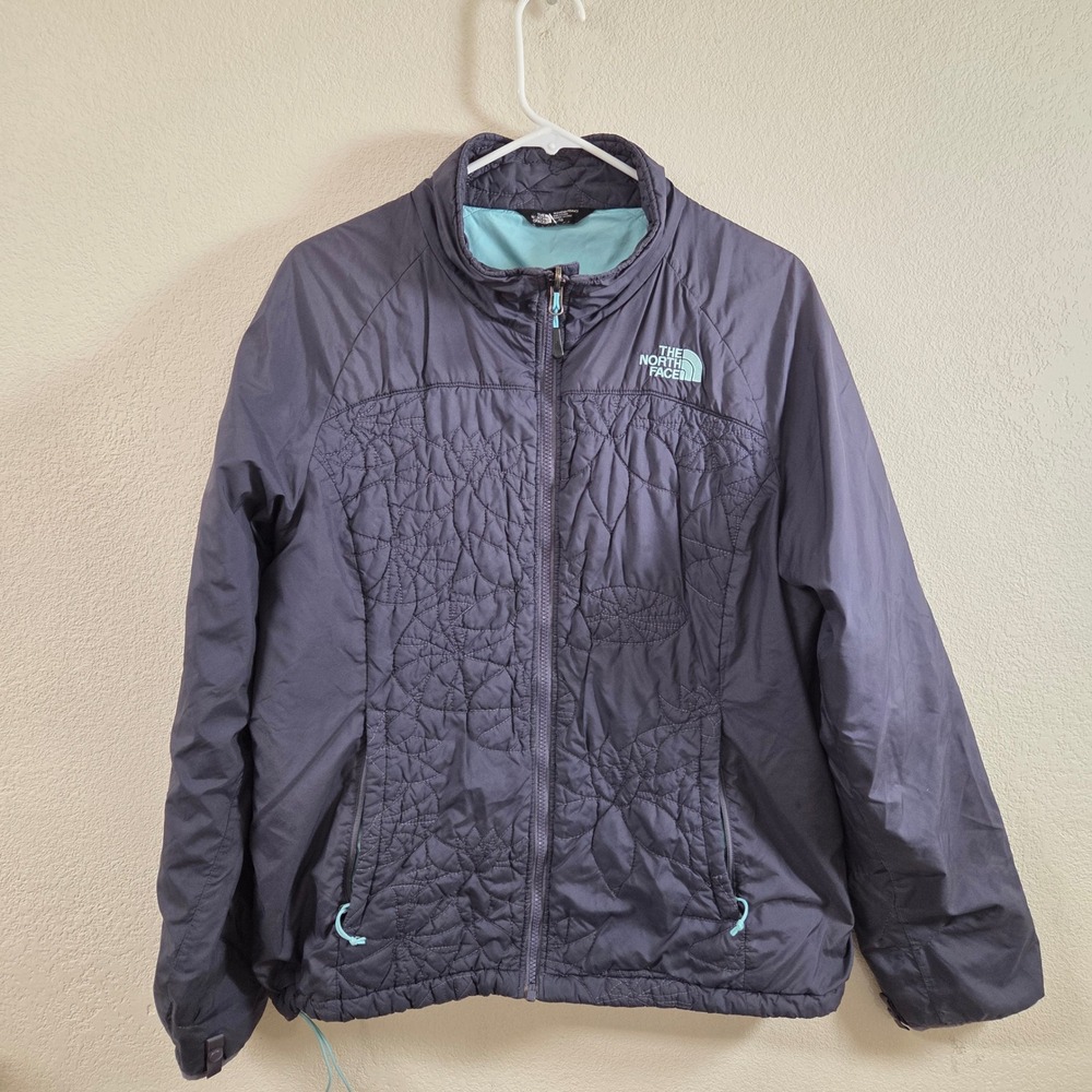 The North Face Womens XL Gray Teal Quilted Full Zip Puffer Jacket Mock Neck